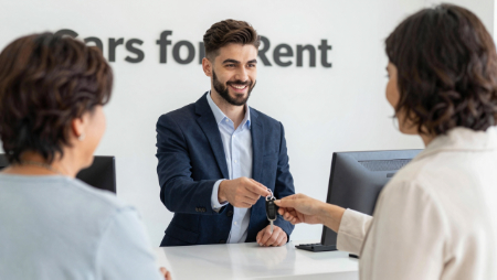 agente de alquiler entregando llaves a la clienta generated with Z-Image