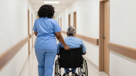 black nurse pushing elderly man in wheelchair generated with Z-Image