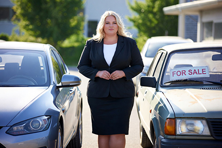 business woman standing between new car and old one for sale image created with Grok AI