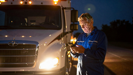 man in overalls texts in tow truck headlights generated with Z-Image