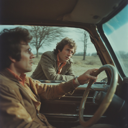 man test driving vintage car talking to seller image generated by Perchance AI