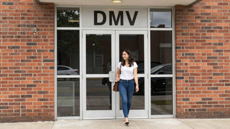 mujer saliendo del edificio del dmv generated with Z-Image