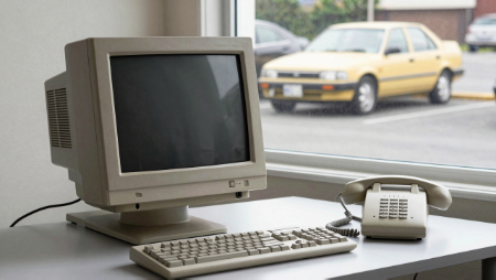 old computer and key board sitting on desk generated with Z-Image