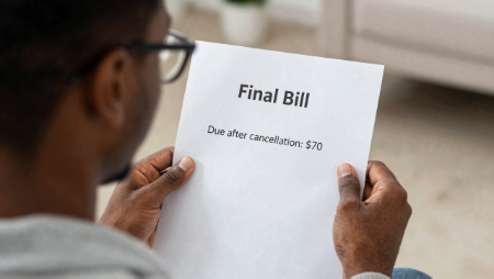 over black mans shoulder reading final insurance cancel bill