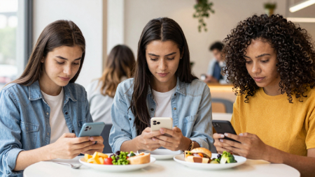 tres mujeres sentadas en una mesa enviando mensajes de texto generated with Z-Image