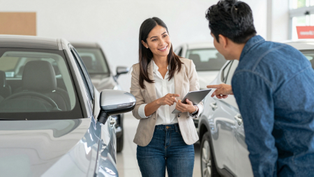 vendedora de coches mostrando un automovil generated with Z-Image