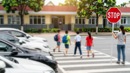woman holding stop sign in school crosswalk generated with Z-Image